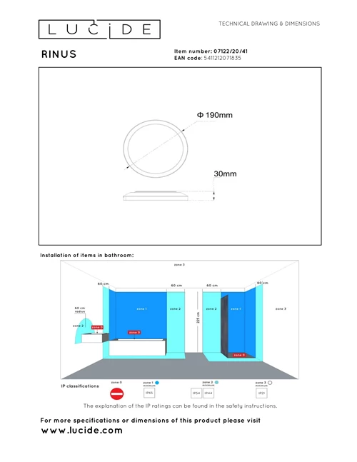 Lucide RINUS - Plafonnière Badkamer - Ø 19 cm - LED - CCT - 1x9,5W 2200K/3000K - IP44 - Opaal - Essential - technisch